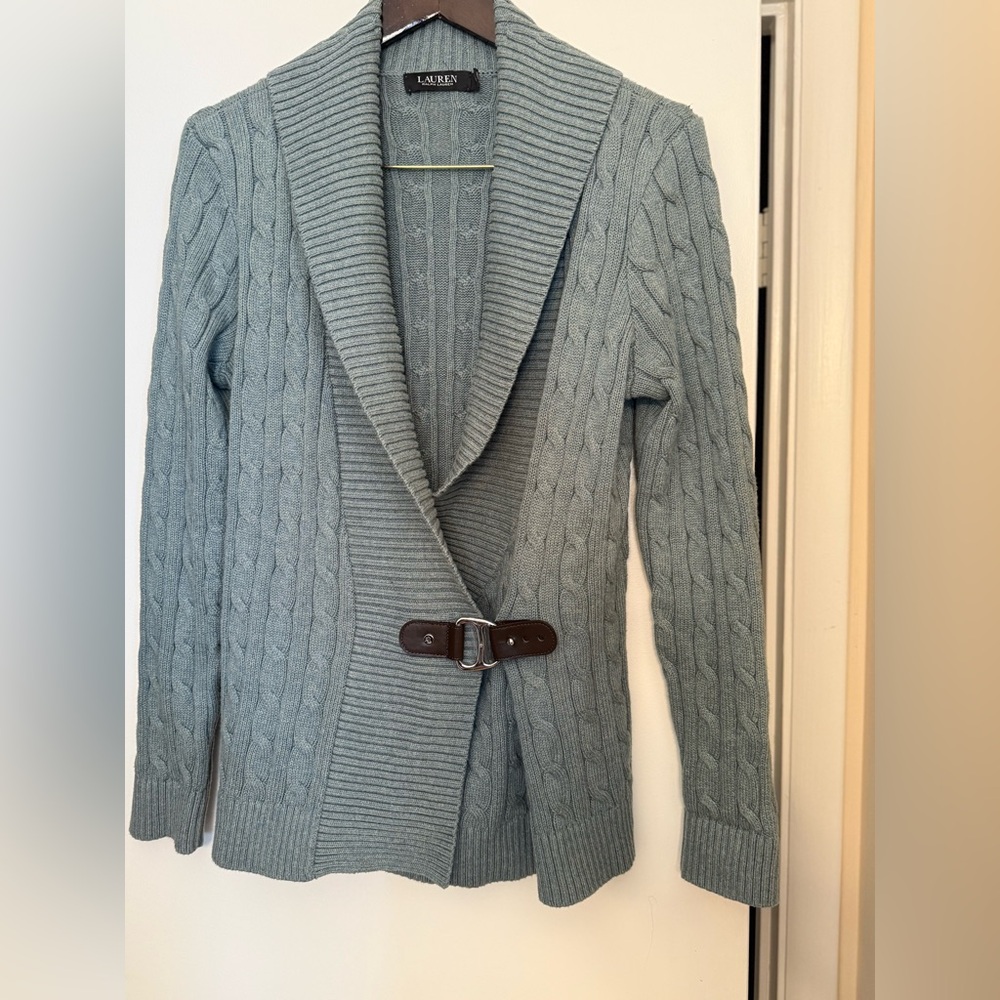 Lauren Ralph Lauren Green Cable Knit Buckle Accent Cardigan Sweater Size L